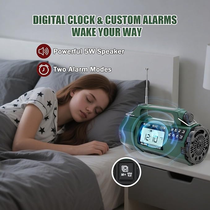 Emergency Weather Radio, 5000mAh Replaceable Battery, Solar Hand Crank Radio with AM/FM/SW/NOAA Alert, Sleep Timer Alarm Clock, Compass Cell Phone Charger, Headphone Jack, Flashlight and SOS Siren
