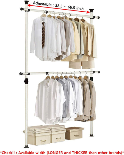 PRINCE HANGER Rack Heavy Duty One Touch System Load 352LBS Clothing Racks for Hanging Clothes Metal Closet Garment Closet system Tension Rod Free Standing Ivory Width Adjustable PHUS-0023