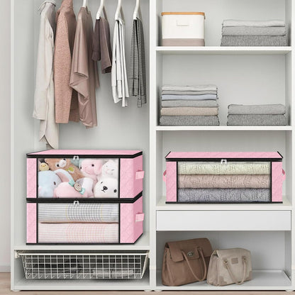 HomeHacks Storage 6-Pack Clothes Organizer Storage Bags Foldable Storage Box with Large Clear Window Sturdy Handles for Closet, Dorm, Pillows, Bedding, Clothes, Blankets, 35L, Pink
