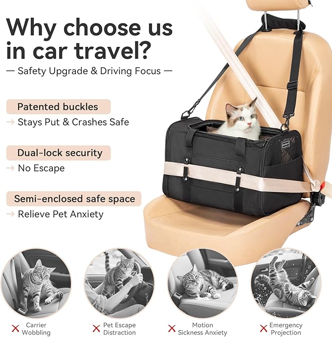PETSFIT Cat Car Carrier for Medium Cats Dogs, 19"x12"x12" Small Dog Carrier, with Patent Safety Buckles and Escape-Proof Zipper - Safeguarding Car Travel, Vet Visit, Outdoor