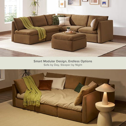 mopio Oversized Modular Sectional Sofa with Fully Removable Covers and Storage, Convertible U, L-Shaped and Sleeper Sectional, Modern Couches with Ottoman Chaise (Hazelnut Velvet, 6 Seats, Sleeper)