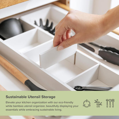 Adjustable Kitchen Drawer Organizer for Utensils and Junk, Food-Safe Contract Grade with 100% Sustainable Wood, Expandable from 16 to 28 Inches Wide - White Bamboo