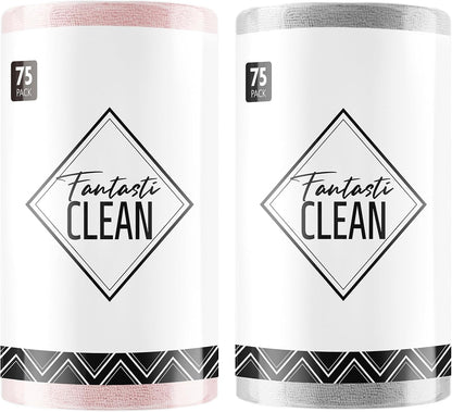 Fantasticlean Microfiber Cleaning Cloth Roll -150 Sheets, Tear Away Microfiber Towels, 12" x 12", Reusable Washable, Ultra Absorbent Dish Rags for Car, Home, Garage or Shop (Pink and Grey)