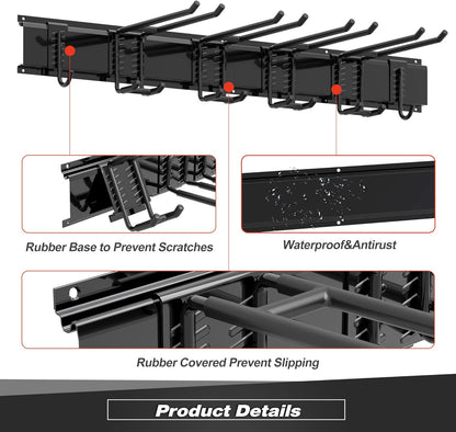 Garage Tool Storage Rack, Heavy Duty Garage Storage Organizer Rack System Wall Mounted Tool with 6 double hooks, 2 rails, Garden Yard Tools Hanger Rack for Ski Gears, Broom, Rake,Shovel
