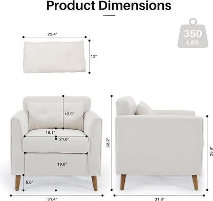 Modern Accent Chair with Wooden Legs Plush Fabric Armchair Chenille Side Single Sofa Chair for Bedroom, Office Cafe Waiting Room Apartment (Beige Armchair)