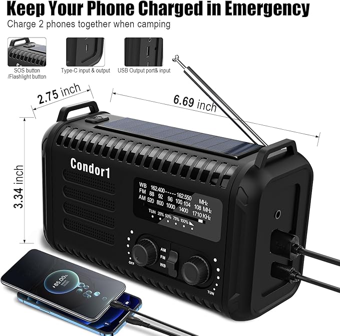 Emergency Radio, 20000mah NOAA AM FM Weather Radio, Solar Hand Crank Portable Radios, Battery Operated, SOS Alarm, Reading Lamp& Flashlight for Hurricane Emergencies Survival (Black)