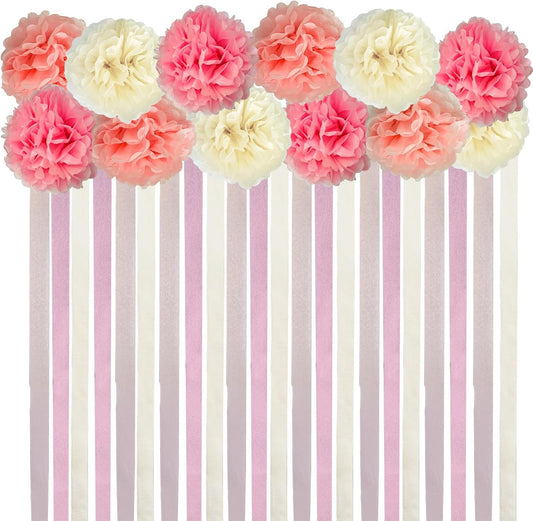 Pink Party Streamers Bridal Shower Decorations - Blush Pink Cream Colorful Paper Pom Poms Wall Decor for Baby Showers, Weddings, Graduations, Tea Parties, Engagement