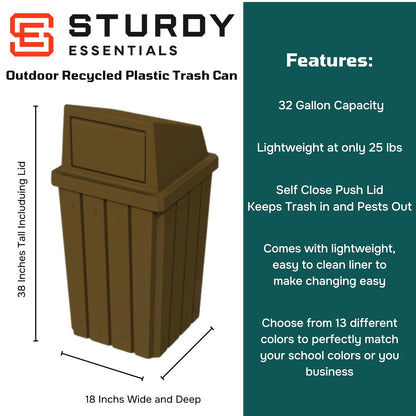 32 Gallon Square Slatted 100% Recycled Plastic Heavy-Duty Commercial Outdoor or Indoor Trash Can with Push Top Lid | Great for Schools and Businesses - Brown