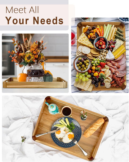 22 Inches Acacia Wood Serving Tray with Handles, Large Wooden Rectangle Ottoman Tray, Nice Home Decor for Living Room Coffee Table Couch, Ideal Size for Serving Food Breakfast BBQ Party