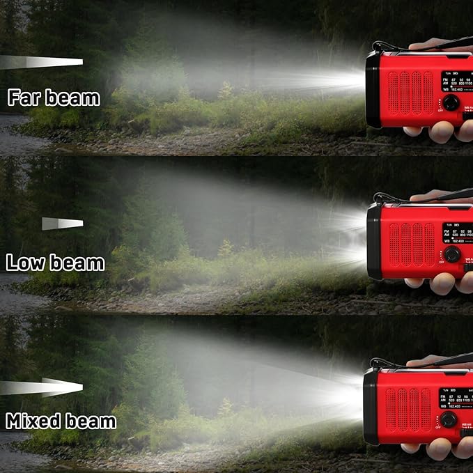 10000mAh Emergency Crank Radio, NOAA/AM/FM Weather Radio, Type-C Charge,Solar Charging,SOS, 3 Modes LED Torch, Reading Lamp, Compass for Outdoor Survival (Red)