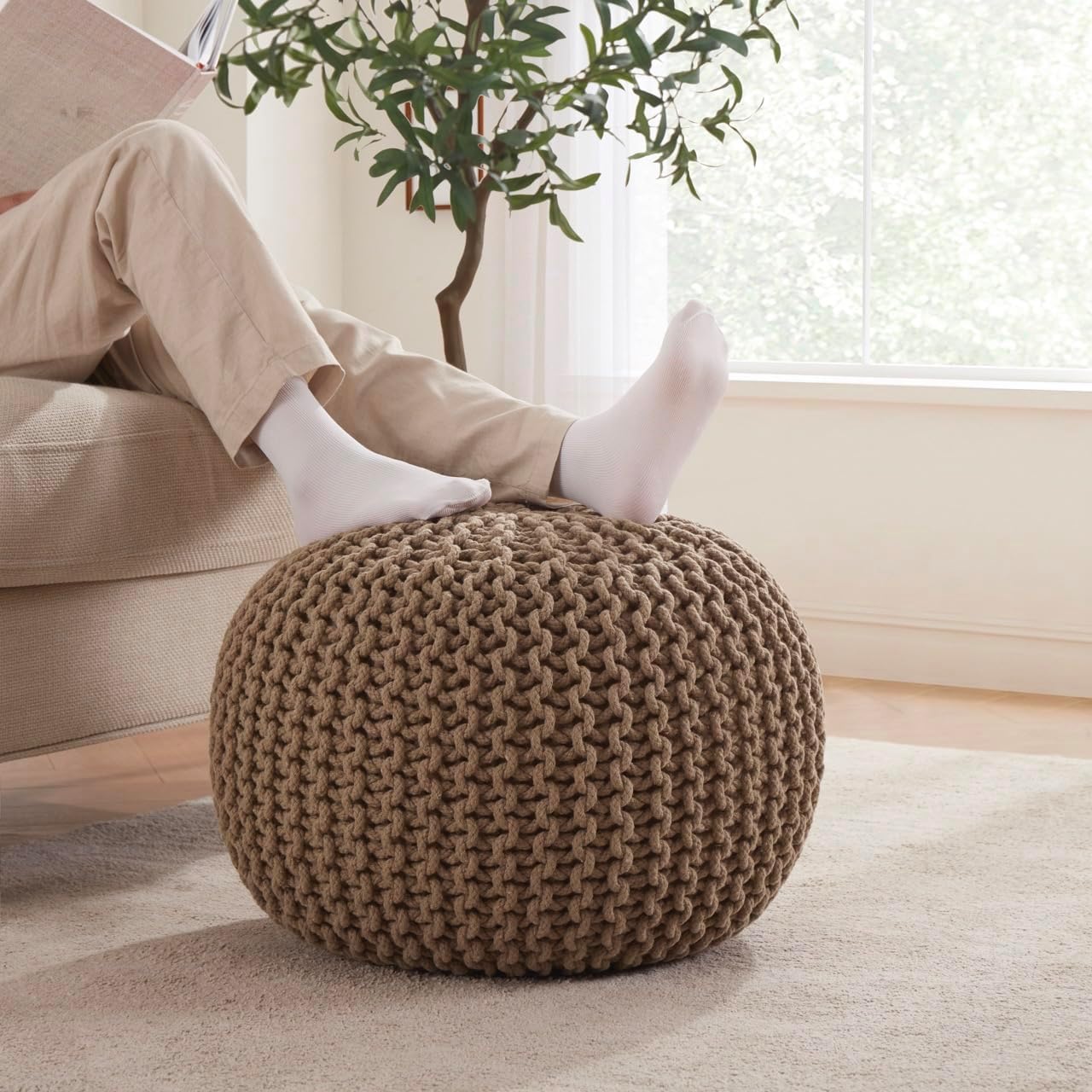 Ornavo Home Pouf Ottoman Foot Rest - 100% Cotton Pouffe - Hand Knitted Cable Braid Cord - Boho Round Stuffed Ottoman for Living Room, Bedroom - Taupe/Brown