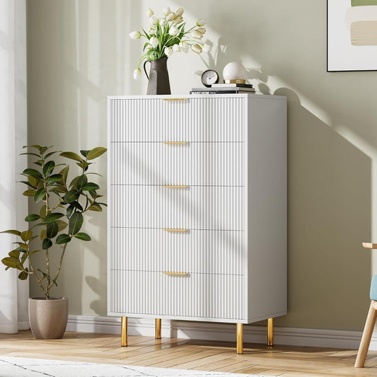 GAOMON 5 Drawer Dresser, Wood Chest of Drawers Organizer Storage with Gold Handle, Tall Storage Cabinet, Modern Design Dresser for Bedroom, Living Room, Closet, Hallway, Entryway, White