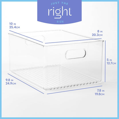 Plastic Food Storage Clear Container Bin with Handles for Organizing Kitchen, Pantry, Refrigerator, Freezer, Pantry, Cabinet, Closet, Bathroom 10”x8”x5”