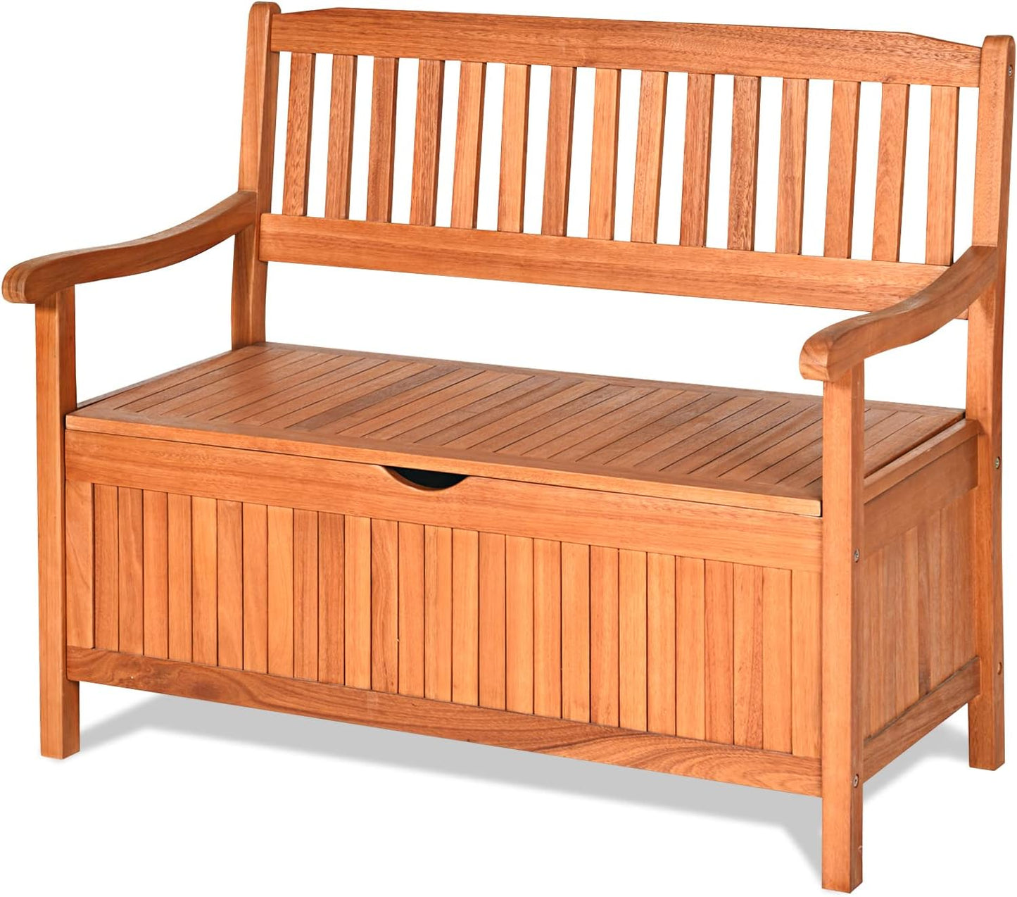 Tangkula Outdoor Wood Storage Bench Deck Box, Entryway Porch Storage Bench with Inner Removable Dust-Proof Lining & Portable Handles, Eucalyptus Wood Loveseat for Garden, Lawn, Balcony & Yard