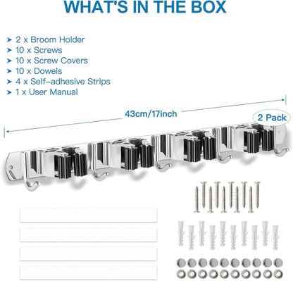 IMILLET 2 Broom Holder Wall Mounted, Stainless Steel Broom Mop Holder Self Adhesive Heavy Duty Hooks Storage Organizer for Home Laundry Room Garden Garage Closet Kitchen（4 Racks with 5 Hooks）