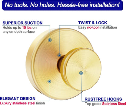 Suction Cup Hooks for Shower, Towel Hooks for Bathroom Window Glass, Bath Robe Looafh Hook for Hanging - 2 Pack, Gold