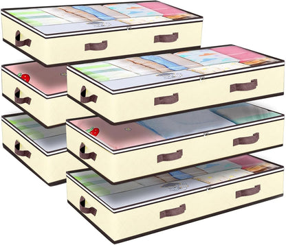 Budding Joy 6 Pack 90L Under bed Storage Containers Organizer Large Capacity Underbed Clothes Storage Bins Organization and Storage Bedroom Foldable Storage Bags with Clear Window Beige