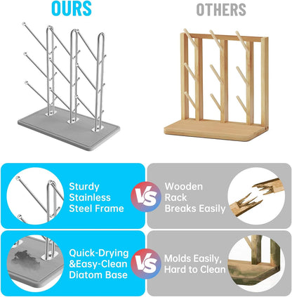 NiHome Baby Bottle Drying Rack with Diatomite Base & Stainless Steel Frame, Foldable Countertop Organizer Holds 9 Bottles, Space-Saving Stand for Water Bottles, Lids, Reusable Bags & More