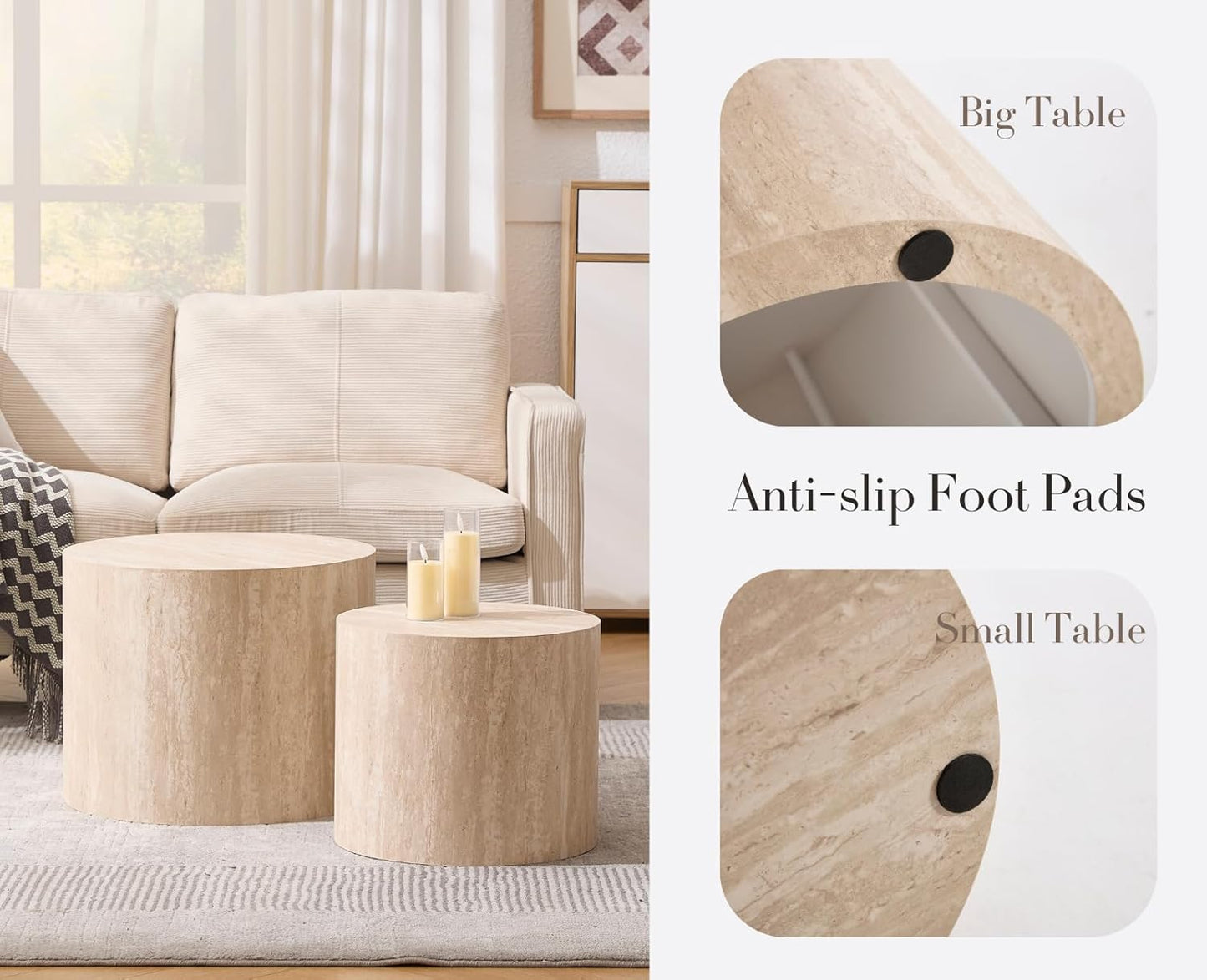 EALSON Nesting Coffee Table Set of 2 Modern Round Wood Coffee Table Circle Fluted End Tables Accent Tables for Small Space/Living Room/Bedroom, Travertine