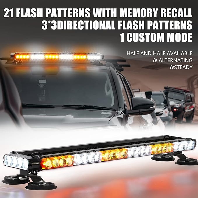 WINECO Amber White 29.5" LED Rooftop Strobe Lights Bar, Double Side Flashing Emergency Hazard Caution Warning Beacon Lightbar w/Magnetic for Construction Vehicles Tow Trucks Vans Tractor Snowplow