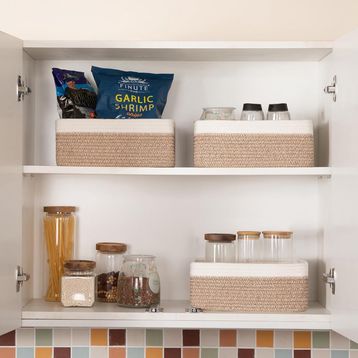 3 Pack Small Storage Baskets for Organizing, Cute Woven Decorative Gift Baskets for Shelves, Mini Closet Organizer Bins with Handles, 11.81''Lx7.87''Wx4.72''H-Brown and White