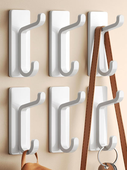 Wall Hooks for Coat and Towel: 13LB Adhesive Door Hanger Stick on, White 6 Pack