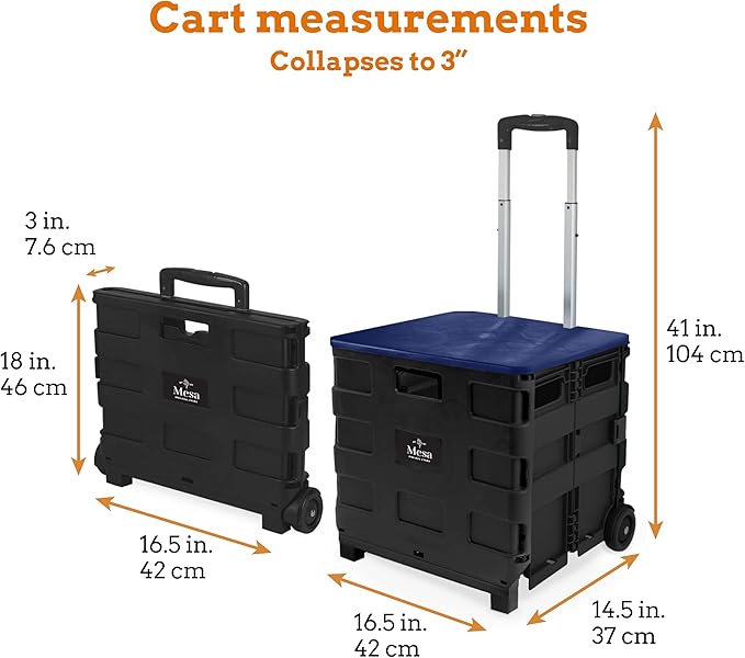Inspired Living Collapsible Ultra-Slim Pack-N-Roll,2 Wheel Utility Cart w/Lid Used as Seat up to 250 Lbs, Telescopic Handle - Super Strong, for Home, Garden, Shopping, Office, School use, Large, Blue