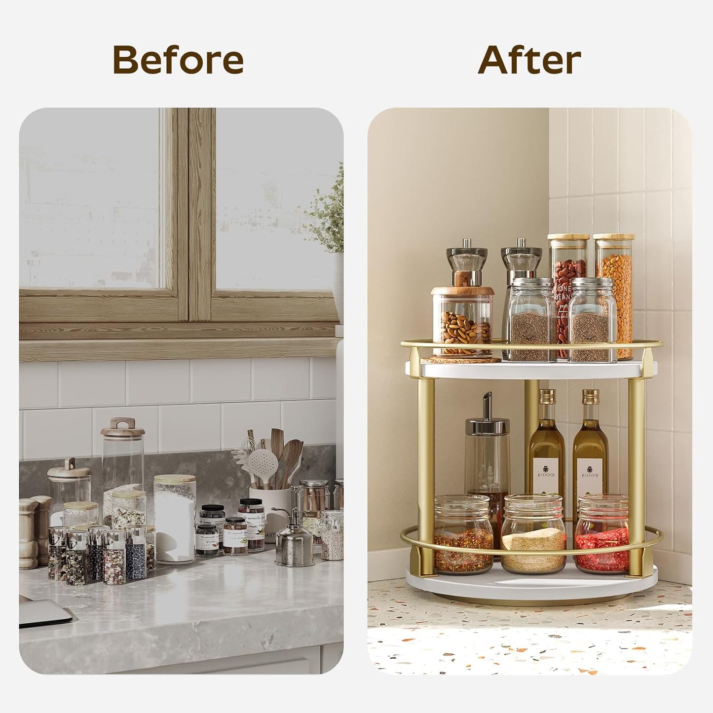 Lazy Susan Organizer, Rotating Spice Rack, 2 Tier Spice Turntable Organizer, Industrial Turntable Spice Holder, for Kitchen Countertop and Cabinet, Compact and Versatile, White and Gold SR22DW