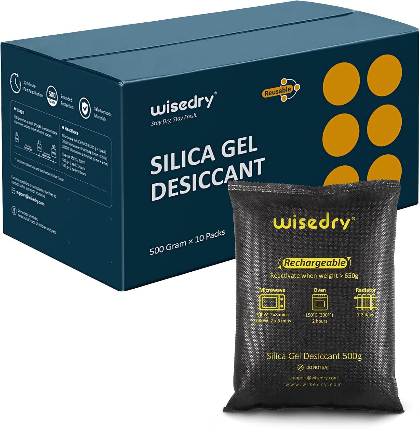 wisedry 10 x 500 Grams [11 lbs] Rechargeable Silica Gel Car Dehumidifier, Microwave Fast Reactivated Desiccant Packets Large for Gun Safe Closet Basement Garage Storage Moisture Absorber Bag Reusable