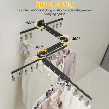 BESy Tri-Fold Foldable Clothes Drying Rack Retractable Hanging Collapsible Dryer Hanger Racks for Laundry Balcony Bathroom Space Saver Outdoor Indoor 20 Clips Aluminum Alloy Wall Mounted Matte Black