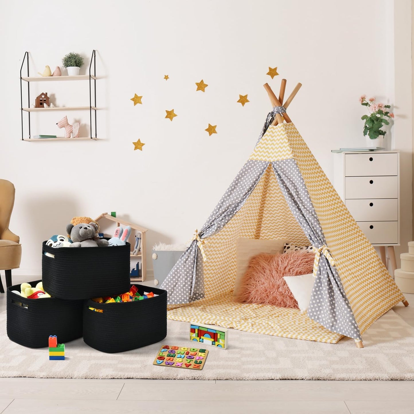 Storage Basket,Woven Baskets for Storage,Cotton Rope Baskets for Organizing,decorative Baskets for Shelves,book Basket,towel Basket,Toy Basket or Storage Bins for Living Room - 3 Pack,Black