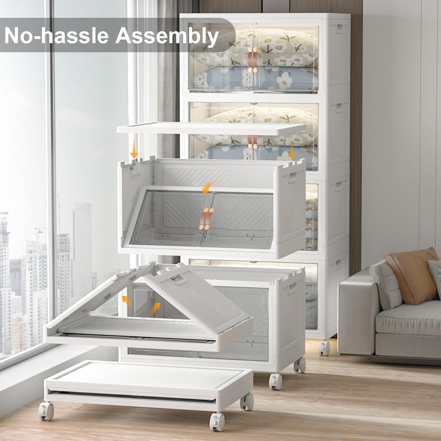 Extra Large Stackable Storage Bins with Lids & Wheels & Door, 640QT-160QT/40GAL*4Pack Foldable Collapsible Closet Organizers, Plastic Containers Drawers for Bedroom Dorm Garage Sturdy MAX