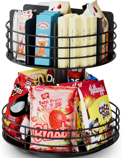 Snack Organizer - Versatile Snack Storage 2 Tier Lazy Susan with Convenient Grab-and-Go Design, Metal Snack Holder for Home, Office, Breakroom, 11.85" L x 11.85" W x 13.3" H (Matte Black)