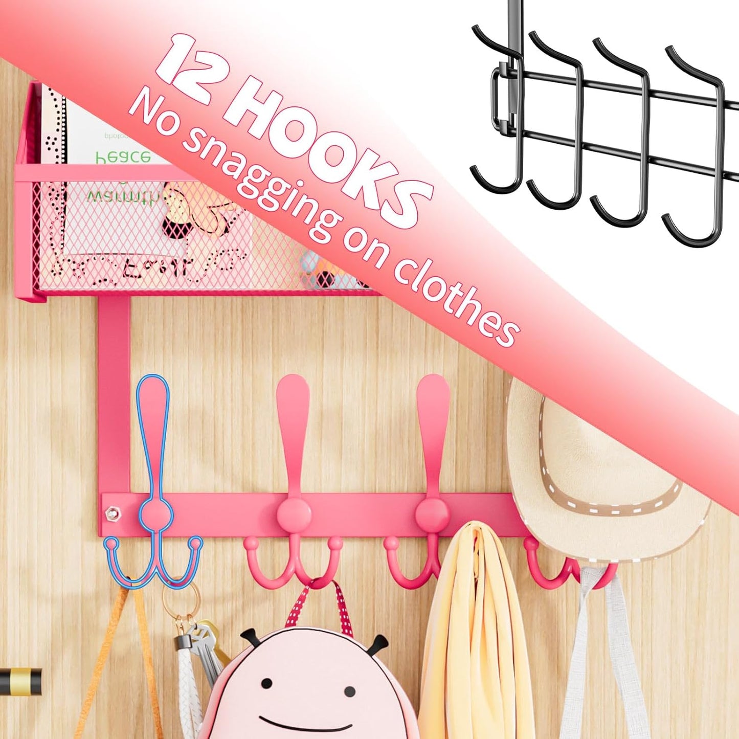 Over The Door Hooks Organizer, Coat Rack Over The Door Storage Hanger Towel Rack, Back of Storage Organizer for Bathroom,Bedroom,Kitchen,Office (Pink 3-Tier)
