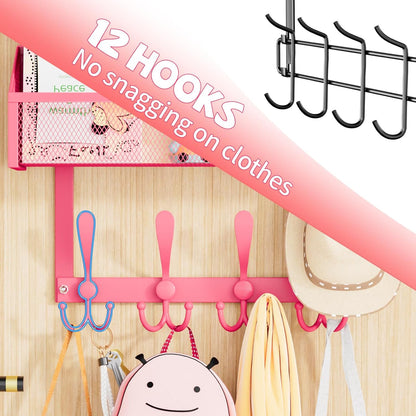 Over The Door Hooks Organizer, Coat Rack Over The Door Storage Hanger Towel Rack, Back of Storage Organizer for Bathroom,Bedroom,Kitchen,Office (Pink 3-Tier)