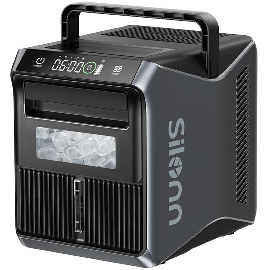 Silonn Battery-Powered Ice Maker with 4-Power, RV Ice Maker Countertop 12V/24V Car Charger 100-240V AC Solar-Ready, Portable Ice Machine 9 Cubes/6 Mins 22lbs/Day Auto-Clean for Camping RV Home Outdoor