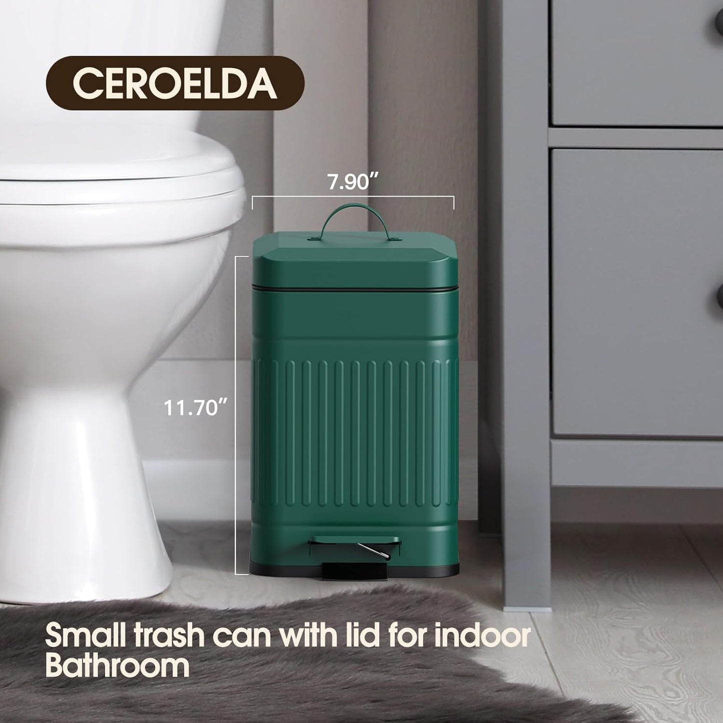 CEROELDA Small Trash Can with Lid-5L/1.3 Gal,Stainless Steel Outdoor Dog Poop Garbage Can-Farmhouse Retro Metal Waste Bin w/Step Pedal for Bathroom Bedroom Office-Soft Close-Green