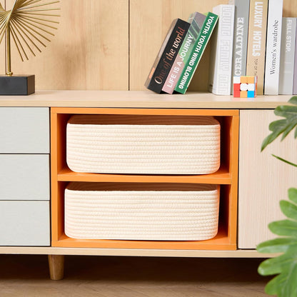 Large Shallow Organizing Baskets 15x11x5.1 Inches - Rope Woven Storage Bins for Bathroom, Shelves, Cube Closet, Beige 2 Packs