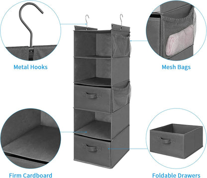MAX Houser 5 Tier Shelf Hanging Closet Organizer, Cloth Hanging Shelf with 2 Sturdy Hooks for Storage, Foldable (Grey-D2)