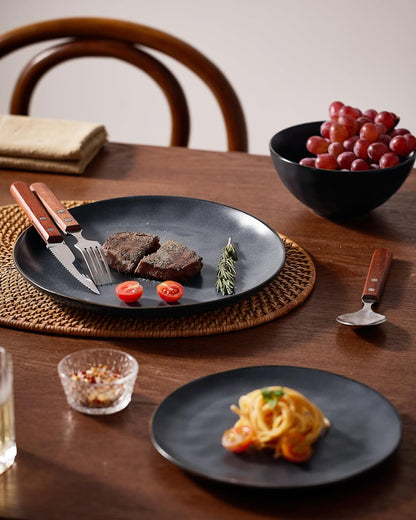 Famiware Dinnerware Sets for 8, Ocean Round 24-Piece Kitchen Plates and Bowls Sets, Microwave and Dishwasher Safe, Scratch Resistant, Matte Black