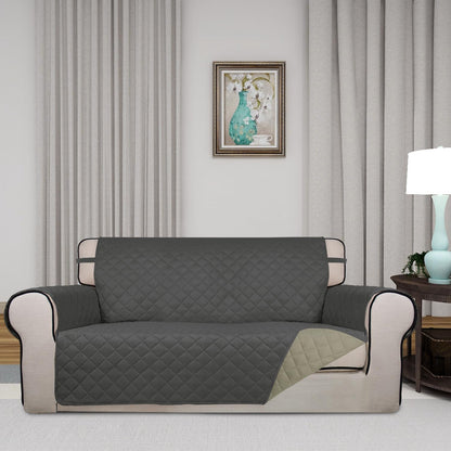 PureFit Reversible Quilted Sofa Cover, Water Resistant Slipcover Furniture Protector, Washable Couch Cover with Non Slip and Elastic Straps for Kids, Dogs, Pets (Oversized Loveseat, Dark Gray/Beige)