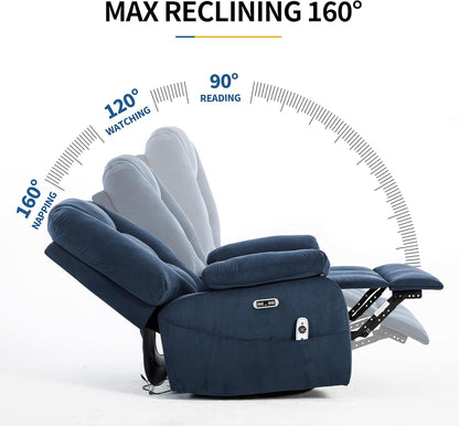 Power Swivel Rocker Recliner Chair for Adults,Rocking Recliners Chairs with Massage and Heat for Living Room, Electric Fabric Reclining Sofa Chair with USB and Type-C Port (Fabirc Blue)