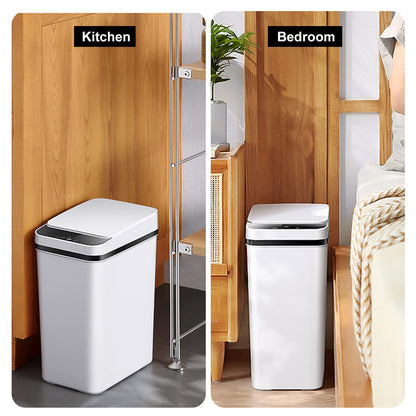Yatmung 2.5 Gallon Smart Trash Can Sensor Motion - Touchless Bathroom Trash Can - Skinny Trash Bin with Lid - Electric, Narrow, Plastic, Auto Open - Small Slim Automatic Garbage Can (White)
