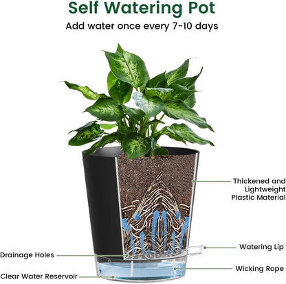 4 inch Self Watering Pots for Indoor Plants, 5 Pack Small Flower Plant Pots with Drainage Holes and Clear Reservoirs, Visible Water Level, Plastic Planters with Wicking Rope, Black