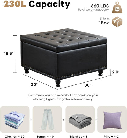 Tbfit Large Square Storage Ottoman Bench, Button Tufted Coffee Table, Oversized Storage Ottomans Toy Box Footrest for Living Room, Black