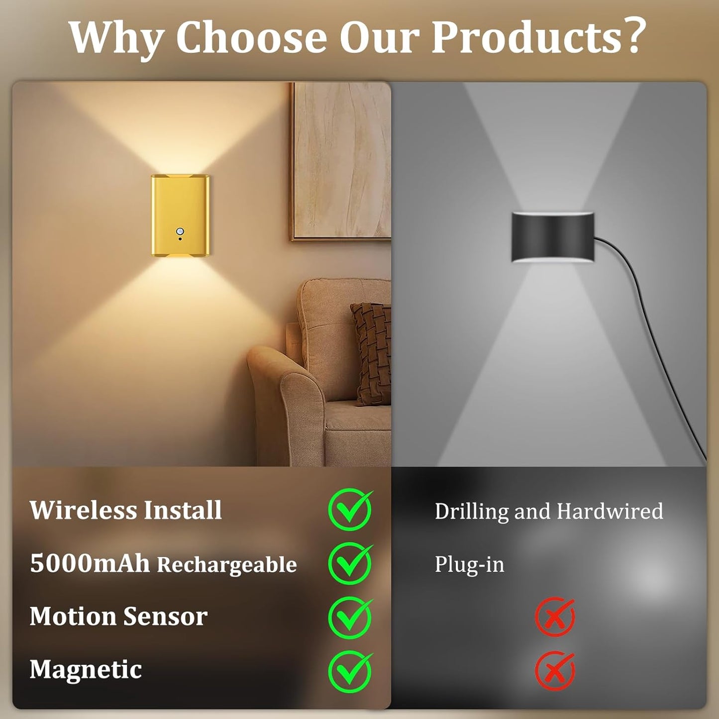 Battery Operated Wall Sconce Set of 2: 5000mAh Rechargeable Motion Sensor Night Light Indoor, 3CCT Dimmable Wireless Wall Lights Magnetic LED Up and Down Wall Lamp for Bedroom Closet Stair, Gold