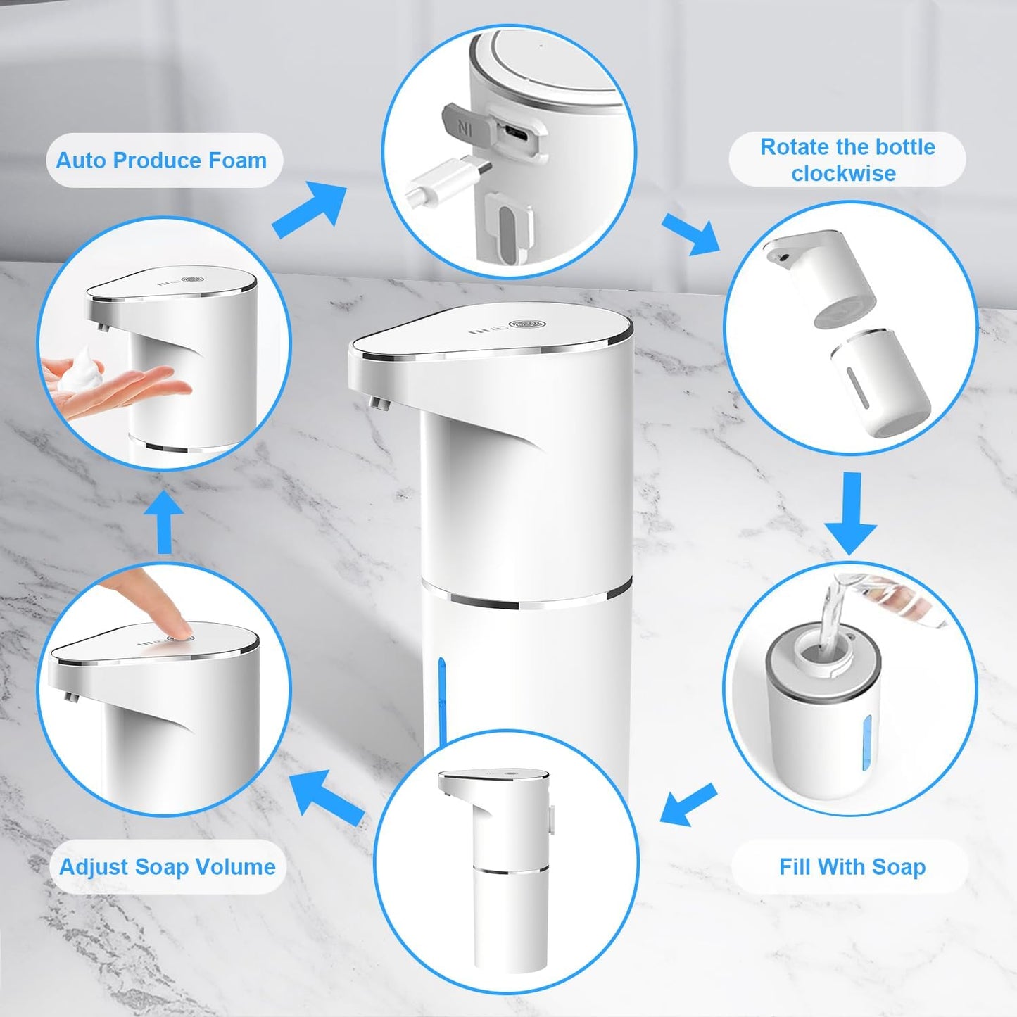 Automatic Foaming Soap Dispenser, Type C Rechargeable Hand Free Pump Soap Dispenser Electric Dispenser for Bathroom Countertop, Kitchen 350mL