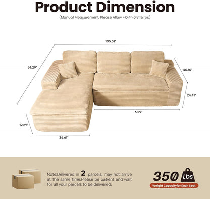 ovios 105” Modular Sectional Sofa with Thicken Seat Cushion, Cloud Couch with Deep Seat, Modern L-Shape Sofas Couches with Chaise,Upholstered Couches for Living Room Bedroom,Beige