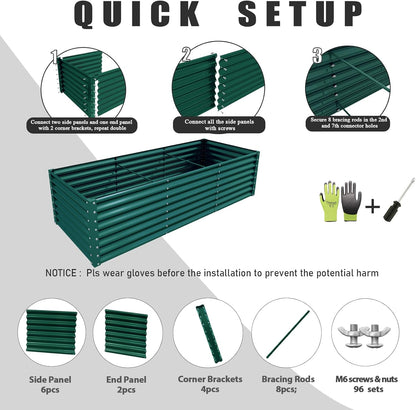 1 Pack 8x3x2FT Galvanized Raised Garden Bed Kit Retangular Metal Ground Planter Box Outdoor Bottomless Planter Raised Beds for Vegetables Flowers Herbs Fruits, Green