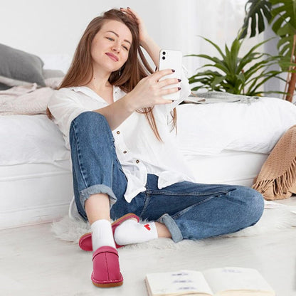 Slippers for Women Men, Genuine Leather Slippers Indoor Outdoor, Fuzzy Bedroom House Shoes for Women Men, Plush Lining Womens Sandals Slip-on